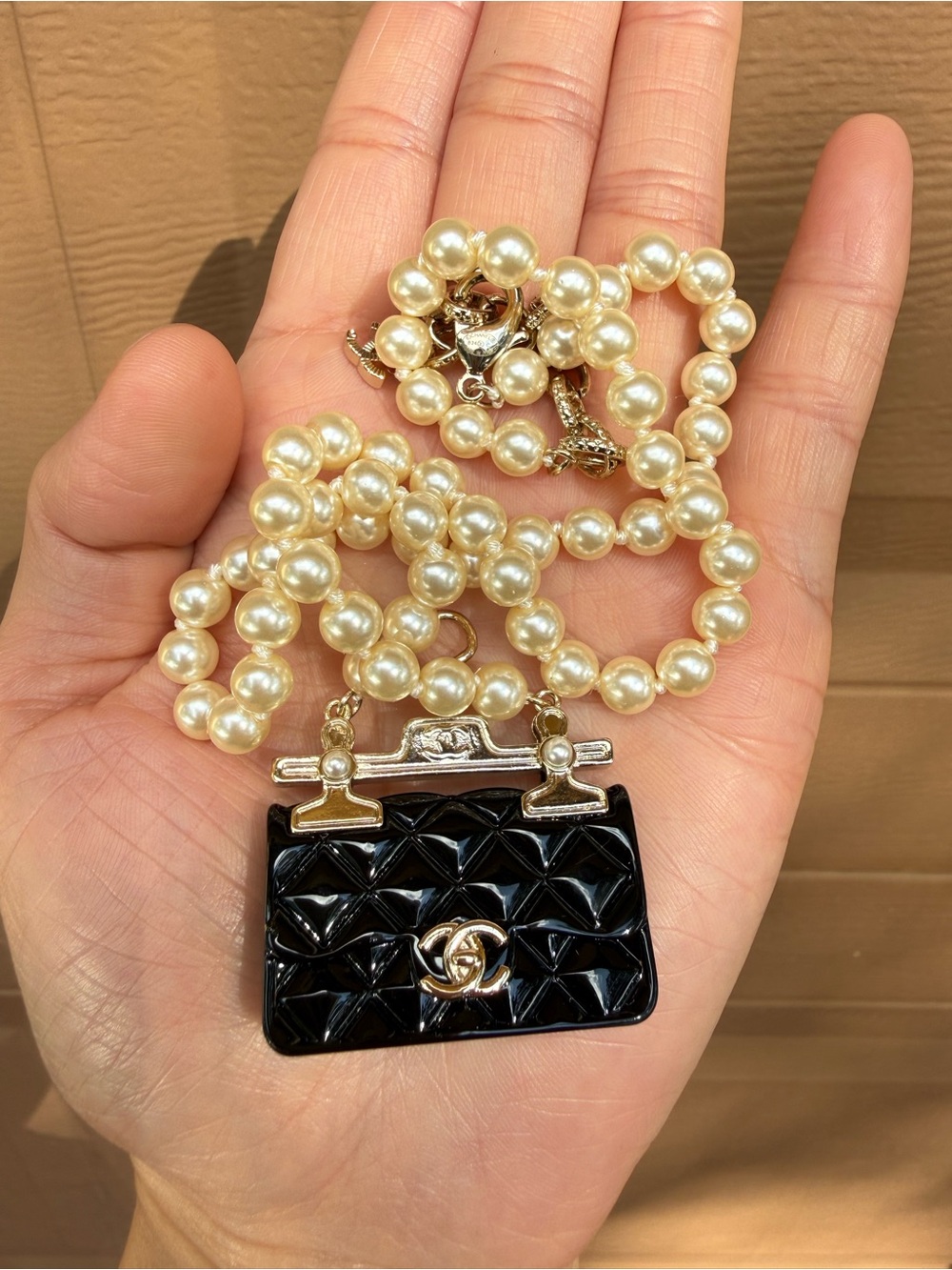 CC Vintage Pearl Necklace with Mini Black Handbag Pendant